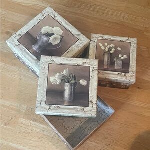 Nested Victorian Floral Decorative Storage Boxes - Cream and Brown